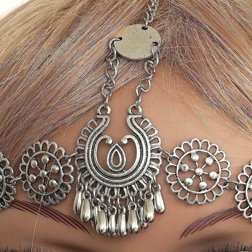 Boho Silver Tone Filigree Floral Head Chain Jewelry Festival Forehead‎ Piece - Picture 2 of 5